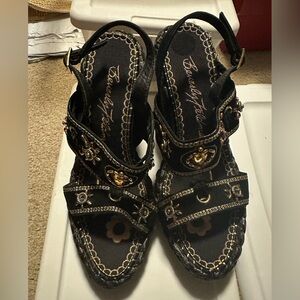Beverly Feldman Black Embellished Wedge Sandals with Jewel Accents